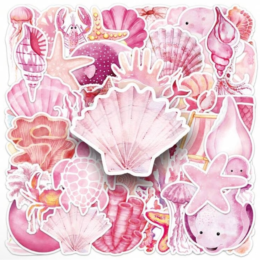 50 Pink Seashell Stickers Turtle Starfish Crab Jellyfish Sand Dollar Beach